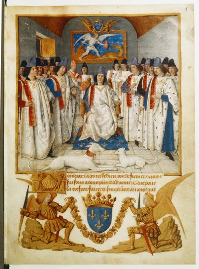 Ludwik XI przewodniczy spotkaniu zakonu Saint Michel ... autorstwa Jean Fouquet