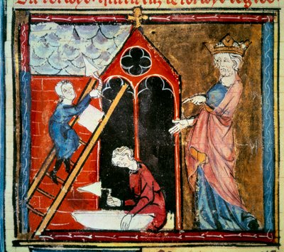 Louis vi le gros (1081 - 1137) nadzorujący budowę budynku. Miniatura w „Grandes Chroniques de france” Jeana Fouqueta (1420-1481) autorstwa Jean Fouquet