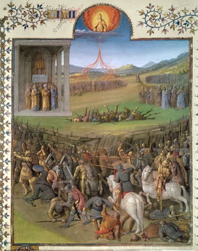 Ms Fr 247 f.70 Bitwa Hebrajczyków przeciwko Kananejczykom i kara Koracha i buntowników, ilustracja z „Antiquites Judaiques”, c.1470 autorstwa Jean Fouquet