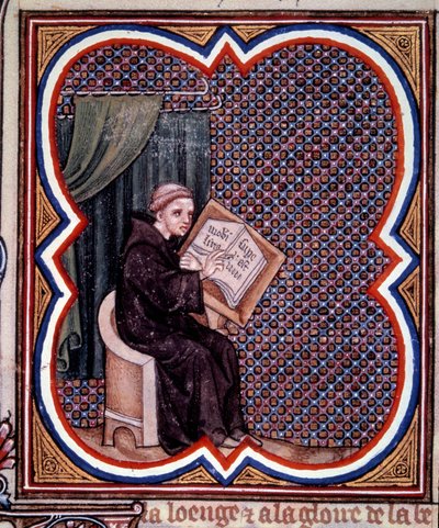 Prymas piszący wielkie kroniki Francji w opactwie Saint Denis. Miniatura z rękopisu Jeana Fouqueta (1420 - 1481) "Grandes Chronicles de France". Paryż, B N autorstwa Jean Fouquet
