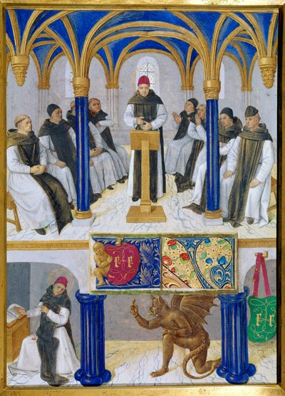Reprezentacja św. Bernarda z Clairvaux (San Bernardo di Chiaravalle) (1090-1153) nauczyciela i namiot przez diabła Miniatura zaczerpnięta z „Księgi godzin Etienne Chevalier” Jeana Fouqueta (1420-1477/1481) autorstwa Jean Fouquet