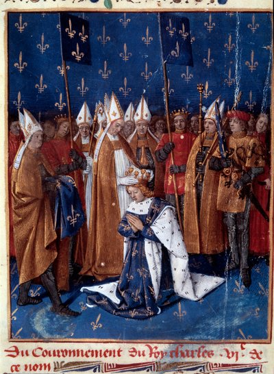Święty Karol VI w Reims w 1380 r. Miniatura w „Grandes Chronicles de France”” (Folio 457v), zinlum. Jean Fouquet (1420-1481) 1455-1460. BN, Paryż. autorstwa Jean Fouquet