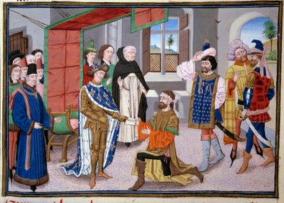 Siódma krucjata: Król Francji Ludwik Święty (lub Ludwik IX) (1214-1270) w Nikozji na Cyprze około 1245 roku. Miniatura z "Wielkich kronik" Jeana Fouqueta (1420-1481). Paryż, Biblioteka Arsenału autorstwa Jean Fouquet