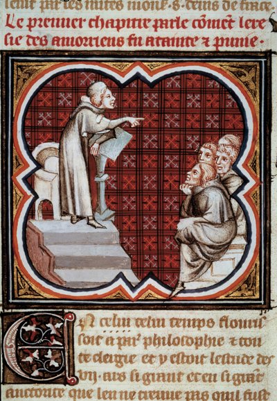 Francuski filozof i teolog Amaury de Chartres (lub Amaury de Bene lub Amalricus de Bene) (zmarł w 1209) na oczach swoich uczniów (Amauryków). Miniatura z Les Grandes Chronicles de France”” i in. Jean Fouquet (1420-1481) autorstwa Jean Fouquet