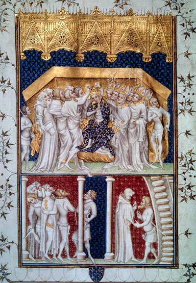 Koronacja Karola VI (1368-1422) przez parów francuskich w dniu 16.09./1380. Miniatura z Grandes Chronicles de France” Jean Fouquet (1420-1481) XV-wieczny Paryż, B.N. autorstwa Jean Fouquet