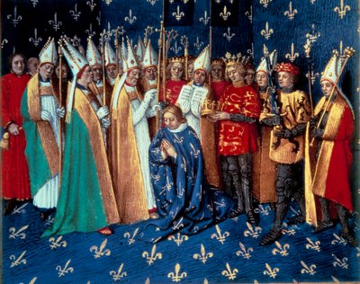 Koronacja Filipa Augusta w Reims w dniu 1/11/1179. Miniatura z Kronik św. Denisa” Jeana Fouqueta (1420-1481) XV wiek. Paryż, B.N. autorstwa Jean Fouquet