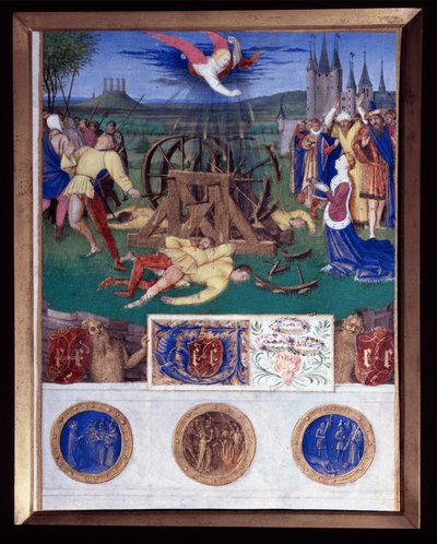 Męczeństwo Katarzyny Aleksandryjskiej Miniatura zaczerpnięta z „Księgi godzin Etienne Chevalier” Jeana Fouqueta (1420-1477/1481) autorstwa Jean Fouquet
