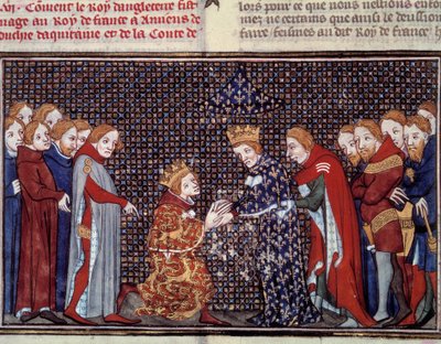 Hołd króla Anglii Edwarda III (1312-1377) dla Filipa VI Walezego (1294-1350), króla Francji, w 1330 roku. Miniatura z „Les grandes chronicles de france” Jeana Fouqueta (1420-1481) autorstwa Jean Fouquet