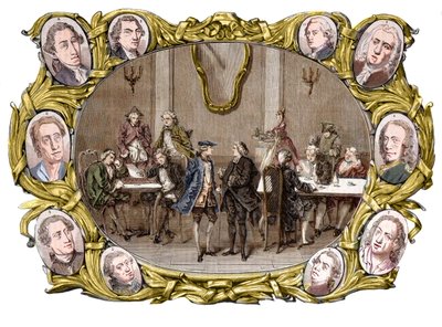 Paryż - Kawiarnia „Procope” w XVIII wieku od prawej do lewej, w medalionach, Georges Louis Leclerc, Comte de Buffon, Nicolas Joseph Florent Gilbert, Denis Diderot, Jean le Rond d