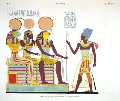 Fresk z Ibsambula przedstawiający Ramzesa II zwrócony (od lewej do prawej) Sekhmet, być może deifikacja Ramzesa II i Re-horachty autorstwa Jean Francois Champollion