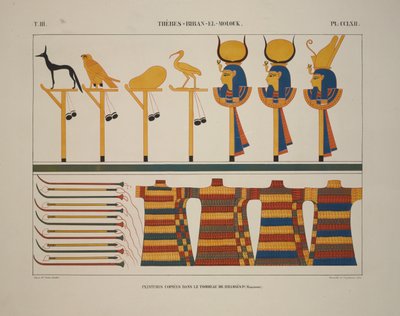 Broń i znaki, Teby, Biban-el-Molouk, ilustracja z „Pomniki Egiptu i Nubii, 1845 autorstwa Jean Francois Champollion