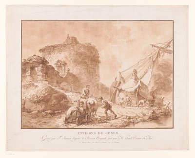 Krajobraz z ruinami i statkiem w pobliżu Genui Environs de Genes (tytuł na obiekcie) autorstwa Jean Francois Janinet