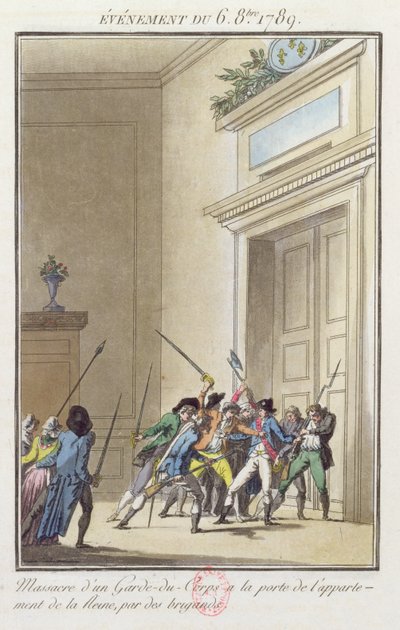 Tłum paryżan atakujący i zabijający strażnika przy wejściu do apartamentów królowej w Wersalu 6 października 1789 r. autorstwa Jean Francois Janinet