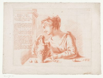 Nadruk tytułowy z kobietą i dzbankiem Kompozycje z częściami ludzkiego ciała (tytuł serii) Huitième Cahier, Principes de Dessin (tytuł serii na obiekcie) autorstwa Jean Francois Janinet