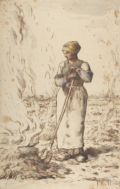 Kobieta paląca chwasty, 1830-75 autorstwa Jean Francois Millet