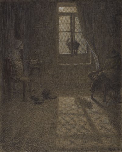 Le chat czyli Kot przy oknie, 1857-58 (kredka conté i pastel z wbijaniem i blendowaniem, utrwalone na papierze tkanym) autorstwa Jean Francois Millet