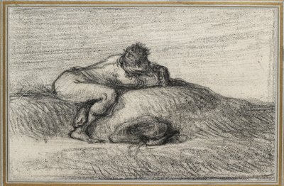 Mężczyzna przyczajony na wzgórzu, 1848 - 1850 (czarna kredka na papierze w kolorze złamanej bieli, położona na jasnoniebieskim papierze z trzema złotymi liniami) autorstwa Jean Francois Millet