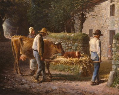 Chłopi przyprowadzający do domu cielę Urodzony na polach, 1864 r. autorstwa Jean Francois Millet
