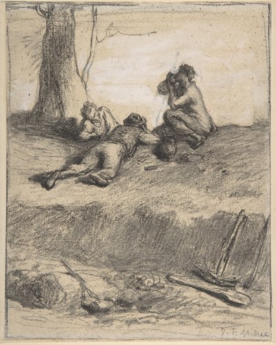 Roadworkers at Lunch, ok. 1850-1852 (kredka Conte z gwaszem, na papierze wykładanym) autorstwa Jean Francois Millet