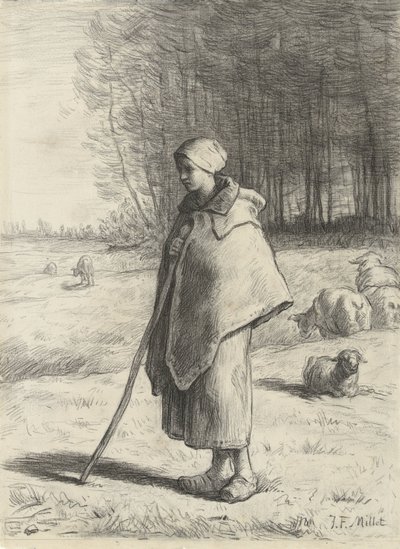 Pasterka oparta na patyku autorstwa Jean Francois Millet
