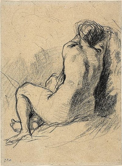 Studium: Naga kobieta widziana od tyłu (recto) Szkice pracujących chłopów (verso) autorstwa Jean Francois Millet
