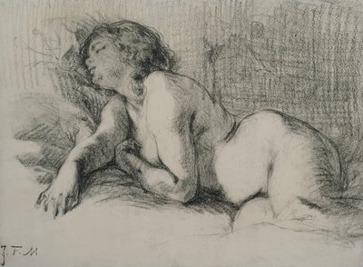 Studium leżącej aktu kobiecego (węgiel na papierze) autorstwa Jean Francois Millet