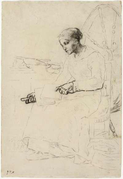 The Wool Carder (rekto); Fragmentaryczny szkic człowieka stojącego przy płocie (verso) autorstwa Jean Francois Millet