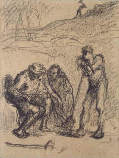 Trzech chłopów odpoczywających, jeden oparty o łopatę, ok. 1850-1851 autorstwa Jean Francois Millet