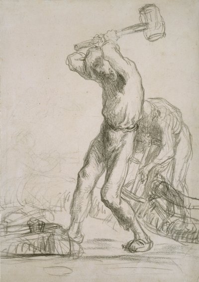 Dwóch chłopów piłuje i rozłupuje Drewno, ok. 1850-1851 autorstwa Jean Francois Millet