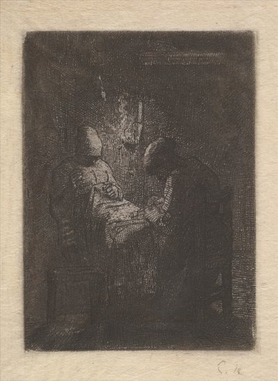 Dwie Kobiety Szyjące przy Lamplight, ca. 1853. autorstwa Jean Francois Millet