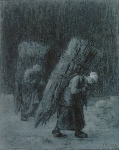 Mulheres carregando galhos, c.1858 (carvão realçado com guache branco, borda de carvão, sobre papel azul-acinzentado grosso)polonês autorstwa Jean Francois Millet