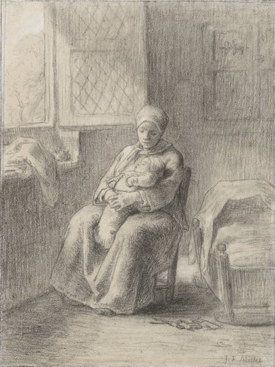 Kobieta siedzi z dzieckiem przy otwartym oknie autorstwa Jean Francois Millet