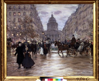 „Boulevard Saint Michel” Widok na Rue Soufflot i Panteon z Ogrodu Luksemburskiego i bulwaru Saint-Michel w Paryżu, taksówki i eleganckie pary ożywiają ulicę o zmroku. Obraz Jeana Francois Raffaelli (18 autorstwa Jean Francois Raffaelli