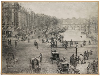 Paryż, Place de Saint Michel z Quai des Grands Augustins i Pont Saint Michel na pierwszym planie oraz Pont Neuf i Luwr w tle, ok. 1900 autorstwa Jean Francois Raffaelli