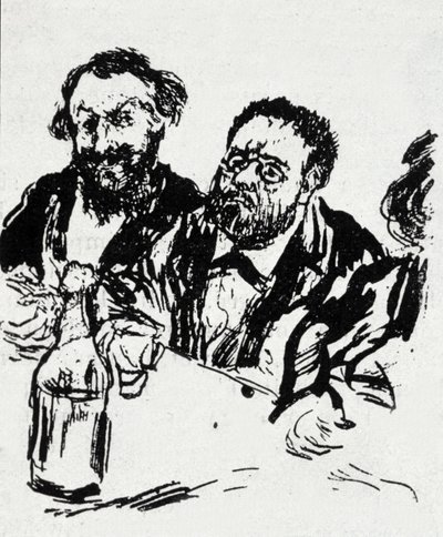Malarz Edouard Manet (1832-1883) i pisarz Emile Zola (1840-1902) przy stole Karykatura Jeana Francois Raffaelli (1850-1924) autorstwa Jean Francois Raffaelli