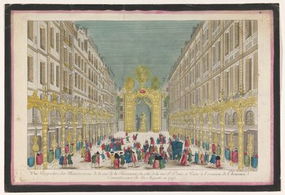 Widok dekoracji Rue de la Feronnerie w Paryżu z okazji restauracji Ludwika XV, króla Francji w 1745 r. Vue perspective des lightings de la Ruë de la Feronnerie du Côté de la Ruë St. Denis a Paris (...) (tytuł na autorstwa Jean François Daumont