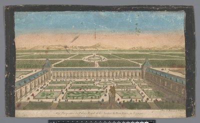 Widok na ogród i Palacio del Buen Retiro w Madrycie Vüe ​​​​perspective du Palais Royal et des Jardins du Buen Retiro, en Espagne (tytuł na obiekcie) autorstwa Jean François Daumont