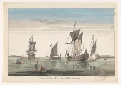 Pejzaż morski ze statkami i łodziami o zachodzie słońca Vue de la mer au soleil couchant (tytuł na obiekcie) autorstwa Jean François Daumont