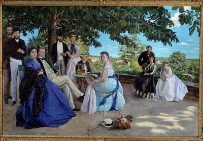 Spotkanie rodzinne: portret francuskiej rodziny mieszczańskiej zebranej w ogrodzie. Od lewej do prawej: Jean Frederic Bazille, jego wuj Monsieur des Hours, jego matka i ojciec, jego kuzynka Pauline i jej mąż Monsieur Teulon, jego ciotka Madame des Hours i autorstwa Jean Frederic Bazille