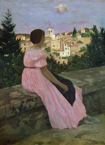 Różowa sukienka, czyli widok Castelnau-le-Lez, Herault, 1864 autorstwa Jean Frederic Bazille