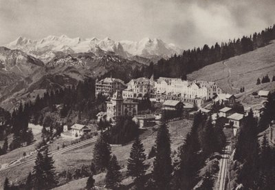 Grand Hotel, Rigi Kaltbad, położony przy kolejce zębatej Vitznau Rigi Kulm (zdjęcie czarno-białe) autorstwa Jean Gaberell
