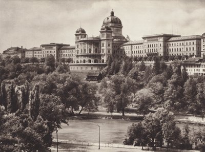 Szwajcaria: Berno, Szwajcarski Pałac Federalny (zdjęcie czarno-białe) autorstwa Jean Gaberell