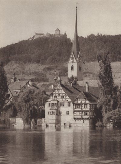 Szwajcaria: Stein nad Renem, klasztor w kierunku zamku Hohenklingen (zdjęcie czarno-białe) autorstwa Jean Gaberell