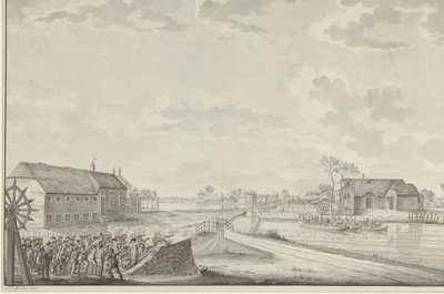 Atak Prusów pod dowództwem pułkownika Van Brusha na moście Duivendrecht, 1 października 1787 autorstwa Jean George Teissier (signed by artist)