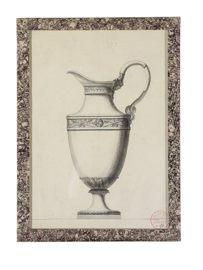 Projekt dzbanka z uchwytem maski greckiej (czarny ołów, długopis i czarny tusz, szaro-czarny wash on paper) autorstwa Jean Guillaume Moitte