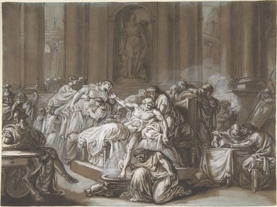 Śmierć Seneki (pióro i czarny tusz, pędzel i brązowe plamy, podkreślone białym gwaszem na niebieskim papierze) autorstwa Jean Guillaume Moitte