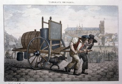 Dawny metier uliczny w Paryżu: kąpiel w domu (dwóch mężczyzn ciągnie wózek z beczką wypełnioną wodą). Grawer Jean Henry Marlet (1771-1847) w „”Les Tableaux de Paris””, seria 72 rycin, koniec XIX wieku. autorstwa Jean Henri Marlet