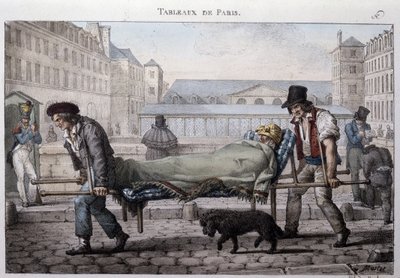 Dawny metier uliczny w Paryżu: biedny pacjent prowadzi na noszach do szpitala. Grawer Jean Henry Marlet (1771-1847) w „”Les Tableaux de Paris””, seria 72 rycin, koniec XIX wieku. autorstwa Jean Henri Marlet