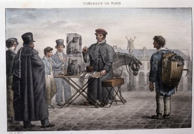 Dawny metier uliczny w Paryżu: handlarz śmiercią szczurów (camelot). Grawer Jean Henry Marlet (1771-1847) w „Les Tableaux de Paris”, seria 72 rycin, koniec XIX wieku. autorstwa Jean Henri Marlet