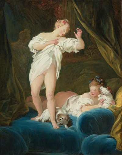 Dwie dziewczynki na łóżku bawiące się ze swoimi psami autorstwa Jean Honore Fragonard